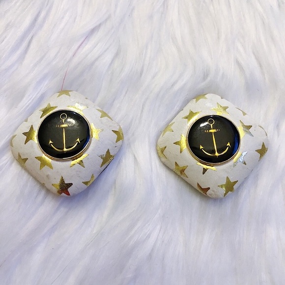 Jewelry - Anchor Gold Stars Leather Button Clip Earrings